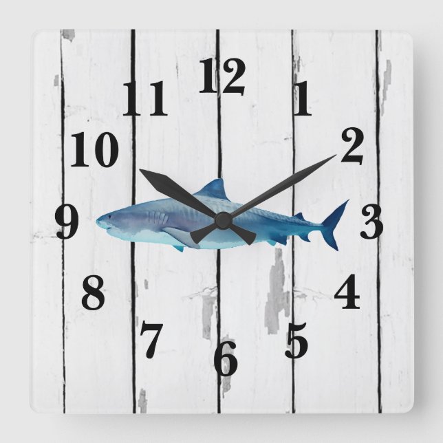 Reloj Cuadrado Nautical Blue Shark Shiplap Rústica Decoración (Anverso)