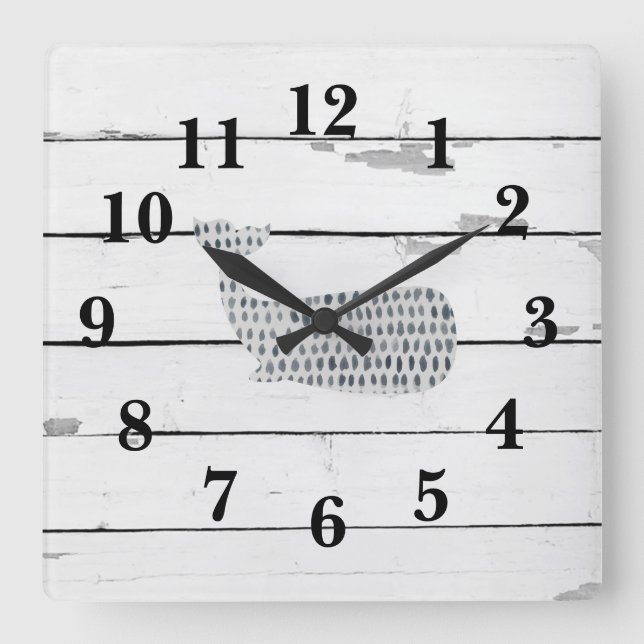 Reloj Cuadrado Nautical Blue Whale Shiplap Rústica Decoración (Anverso)