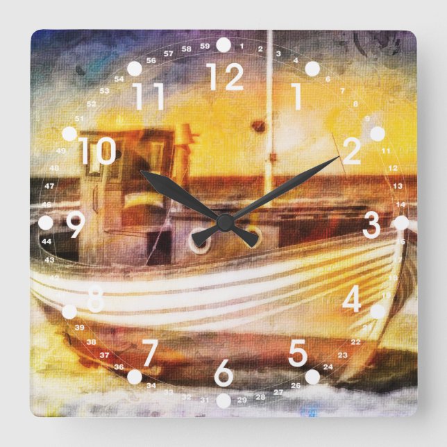 Reloj Cuadrado Nautical Fishing Boat on Beach at Sunset Ocean Art (Anverso)