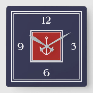Reloj Cuadrado Nautical Navy Blue Red Anchor Square Wall Clock