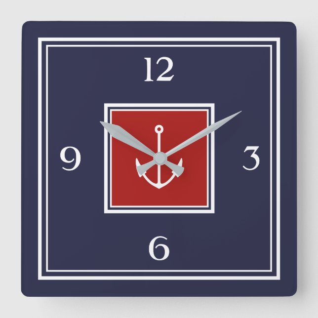 Reloj Cuadrado Nautical Navy Blue Red Anchor Square Wall Clock (Anverso)