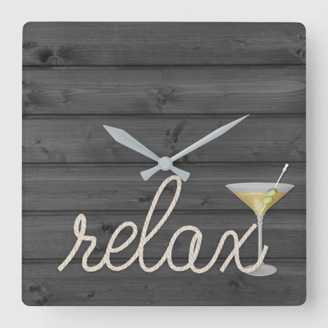 Reloj Cuadrado nautical rope on wood with martini and relax text (Anverso)