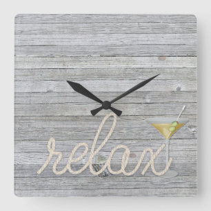 Reloj Cuadrado nautical rope on wood with martini and relax text