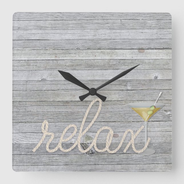 Reloj Cuadrado nautical rope on wood with martini and relax text (Anverso)