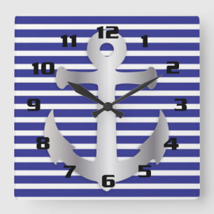 Reloj Cuadrado Nautical Theme Blue Stripes Pattern Anchor