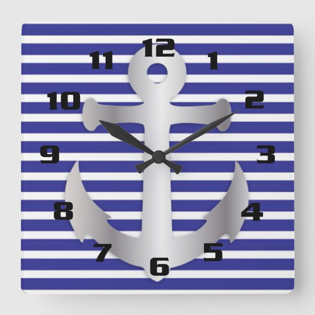 Reloj Cuadrado Nautical Theme Blue Stripes Pattern Anchor (Anverso)