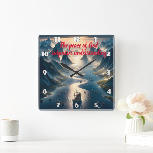 Reloj Cuadrado Navegación Serene: Barco, Agua, Montañas (Hogar)