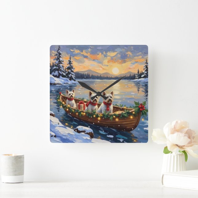 Reloj Cuadrado Navidad con Bichon Frise en Barco (Hogar)