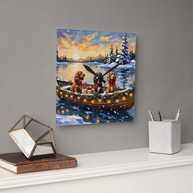 Reloj Cuadrado Navidad de barco con Cocker Spaniel (Oficina)