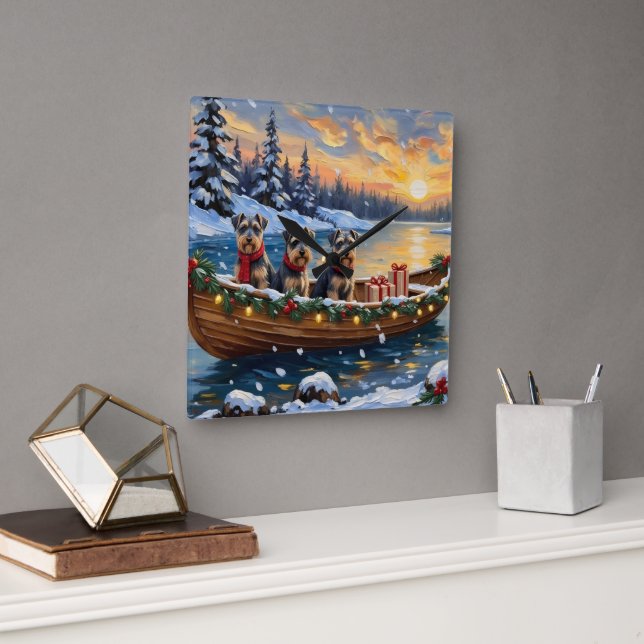 Reloj Cuadrado Navidad de barco de Schnauzer (Oficina)