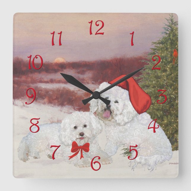 Reloj Cuadrado Navidad de Bichon Frise (Anverso)
