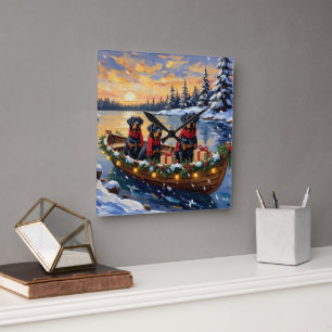 Reloj Cuadrado Navidad de Rottweiler en Barco Fiesta