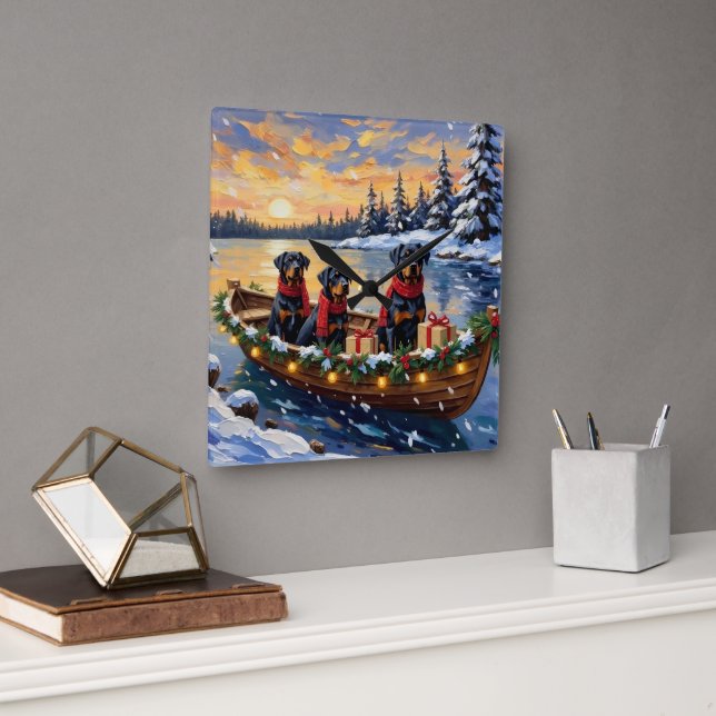 Reloj Cuadrado Navidad de Rottweiler en Barco Fiesta (Oficina)