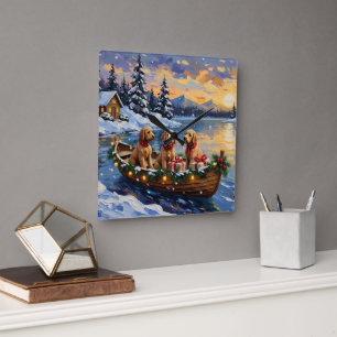 Reloj Cuadrado Navidad en Barco con Goldendoodle