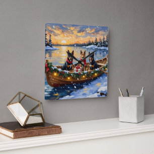 Reloj Cuadrado Navidad en Barco con Malinois Belga