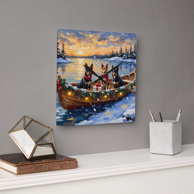 Reloj Cuadrado Navidad en Barco con Malinois Belga (Oficina)