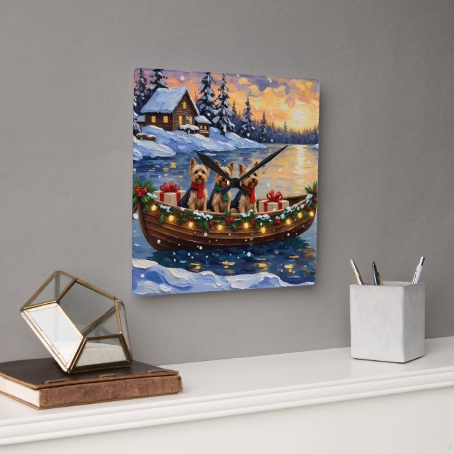 Reloj Cuadrado Navidad en barco con Yorkipoo (Oficina)