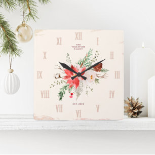 Reloj Cuadrado Navidad en Casa de Campo Poinsettia Rústica de Inv