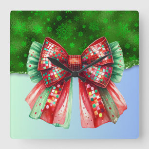 Reloj Cuadrado Navidad Presente Croquette Bow Bling Purpurinas Na