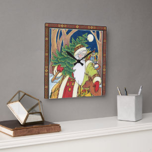 Reloj Cuadrado Navidad Vintage, Santa Claus Ciervo en el Bosque