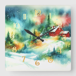 Reloj Cuadrado Navidades acuarela Escena de invierno rural