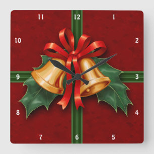 Reloj Cuadrado Navidades campanas y Holly deja rojo
