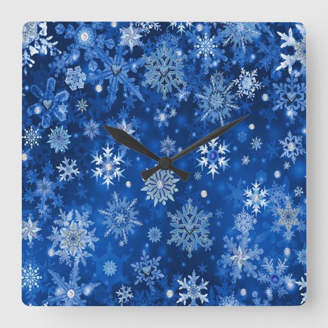 Reloj Cuadrado Navidades Copos de nieve azules y plateados (Anverso)