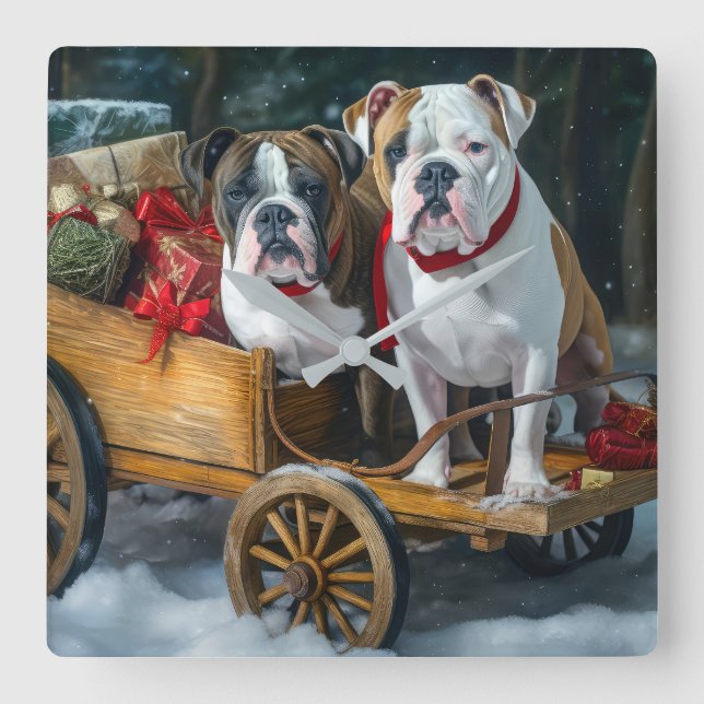 Reloj Cuadrado Navidades de American Staffordshire Snowy Sleigh (Anverso)