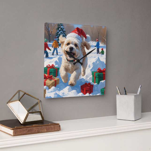 Reloj Cuadrado Navidades de Bichon Frise Festivan Escena de Nieve (Oficina)