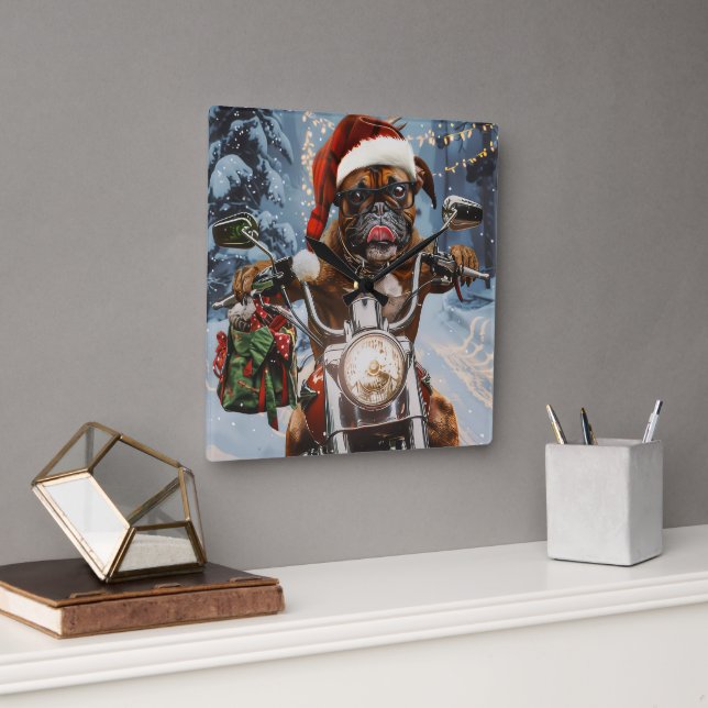 Reloj Cuadrado Navidades de Boxer Dog Riding en motocicleta (Oficina)