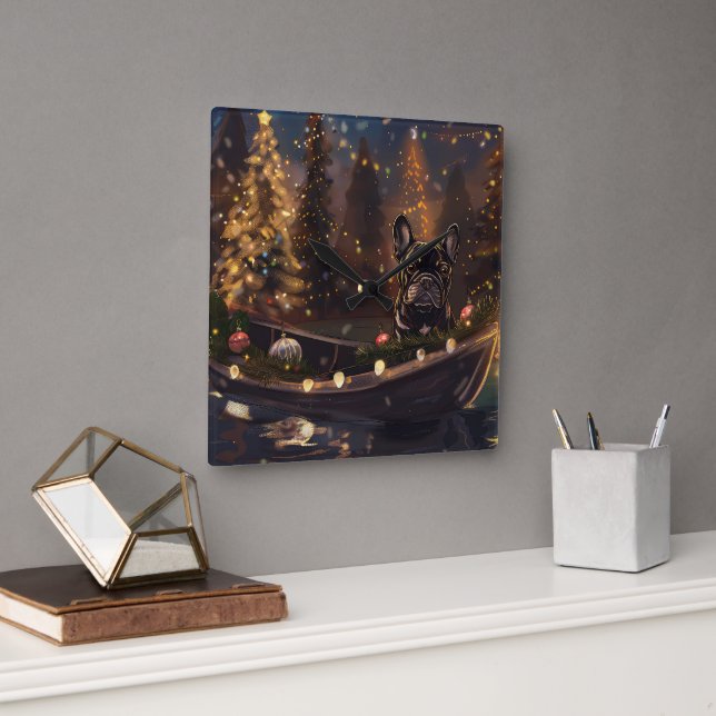 Reloj Cuadrado Navidades de Bulldog de Francia disfrutan de un vi (Oficina)