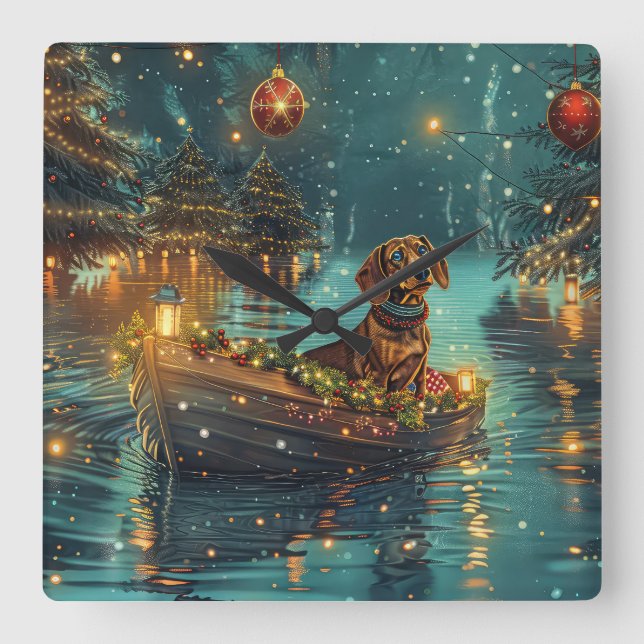 Reloj Cuadrado Navidades de Dachshund en un viaje festivo (Anverso)