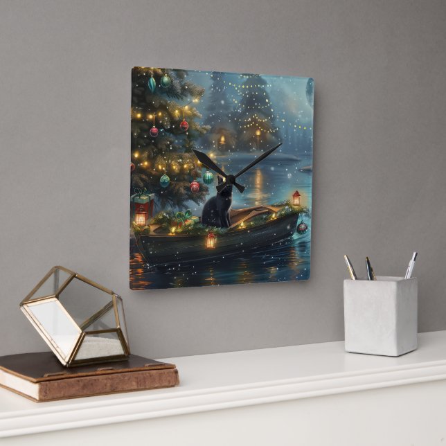 Reloj Cuadrado Navidades de gato negro disfrutan de la fiesta (Oficina)
