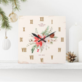 Reloj Cuadrado Navidades de granjas Invernal de Poinsettia Rustic