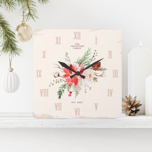 Reloj Cuadrado Navidades de granjas Invernal de Poinsettia Rustic (Christmas Clock - Rustic Vintage Farmhouse Poinsettia & Winter Greenery)
