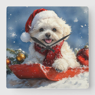 Reloj Cuadrado Navidades de la niebla de Bichon Frise Dog en Sled