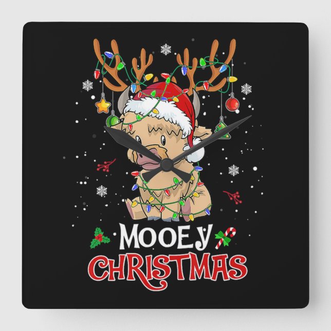 Reloj Cuadrado Navidades de la vaca de Mooey Highland (Anverso)