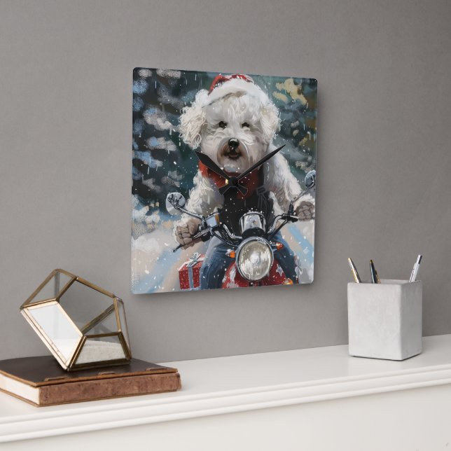 Reloj Cuadrado Navidades de motocicletas Bichon Frise Dog Riding (Oficina)