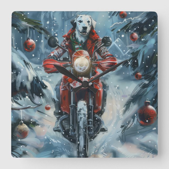 Reloj Cuadrado Navidades de motociclismo de perros de Dalmacia (Anverso)