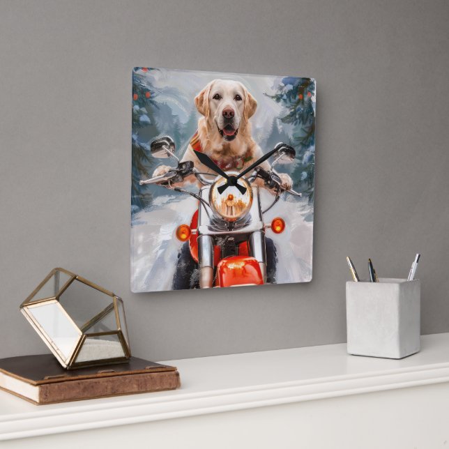 Reloj Cuadrado Navidades de motociclismo de perros de Labrador (Oficina)