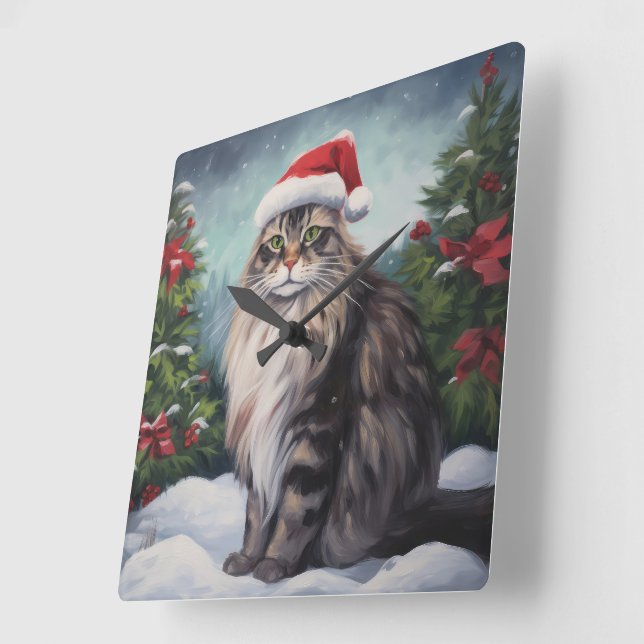 Reloj Cuadrado Navidades de Nieve al gato de Maine Coon (Ángulo)