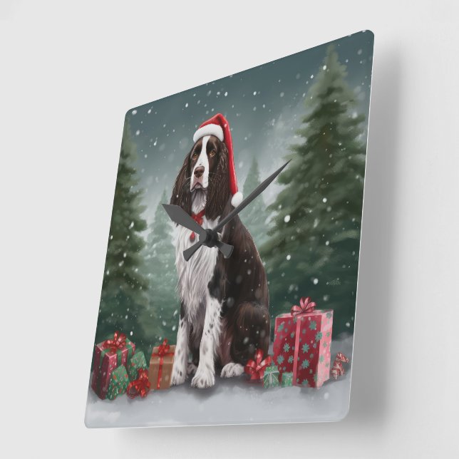 Reloj Cuadrado Navidades de nieve de Springer Spaniel Dog (Ángulo)