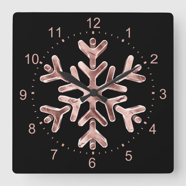 Reloj Cuadrado Navidades de oro Rosa y negro elegantes copos de n (Anverso)