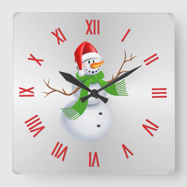 Reloj Cuadrado Navidades de Snowman con números romanos (Anverso)
