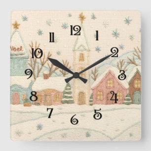 Reloj Cuadrado Navidades del bordado en escena de aldea Snowy