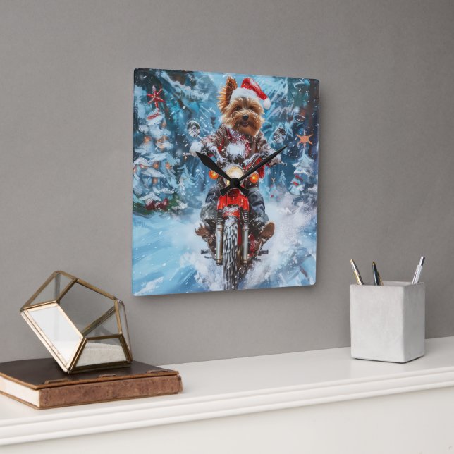 Reloj Cuadrado Navidades en motocicleta de Biewer Terrier Dog Rid (Oficina)