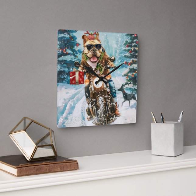 Reloj Cuadrado Navidades en motocicleta de bulldog (Oficina)