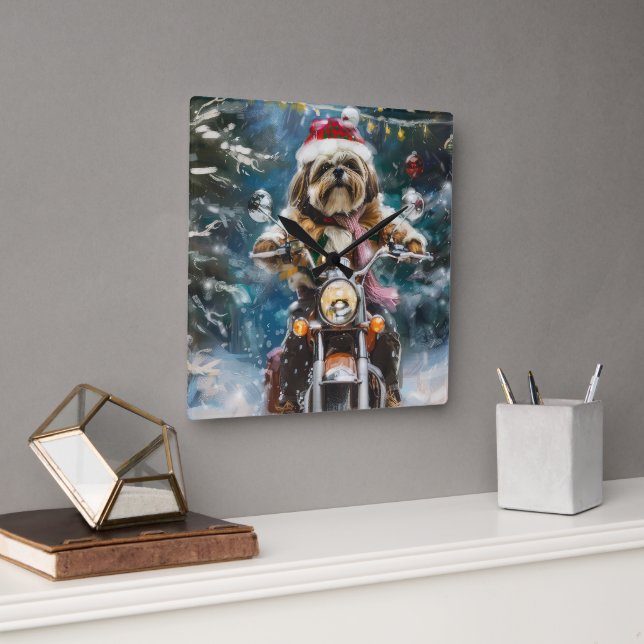 Reloj Cuadrado Navidades en motocicleta de lhasa Apso Dog Riding (Oficina)