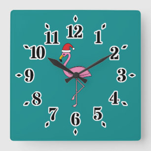 Reloj Cuadrado Navidades Flamingo con Santa Hat