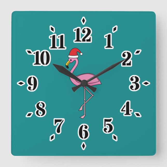 Reloj Cuadrado Navidades Flamingo con Santa Hat (Anverso)